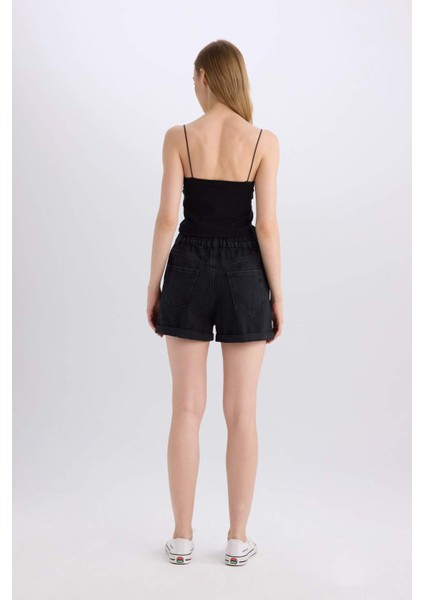 Paperbag Yüksek Bel Katlamalı Paça Jean Şort