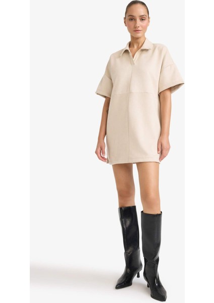 A Kesim Polo Yaka Süet Kısa Kollu Mini Elbise G1680AX25AU