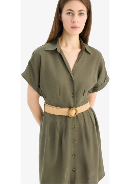 Gömlek Yaka Kemerli Keten Karışımlı Kısa Kollu Mini Elbise fırsatları