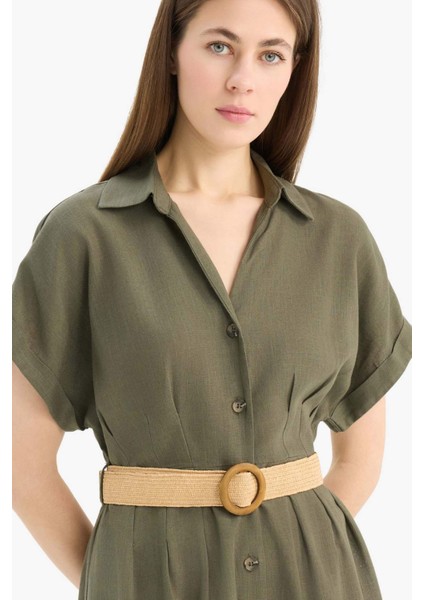 Gömlek Yaka Kemerli Keten Karışımlı Kısa Kollu Mini Elbise indirimleri
