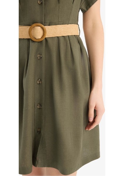 Gömlek Yaka Kemerli Keten Karışımlı Kısa Kollu Mini Elbise