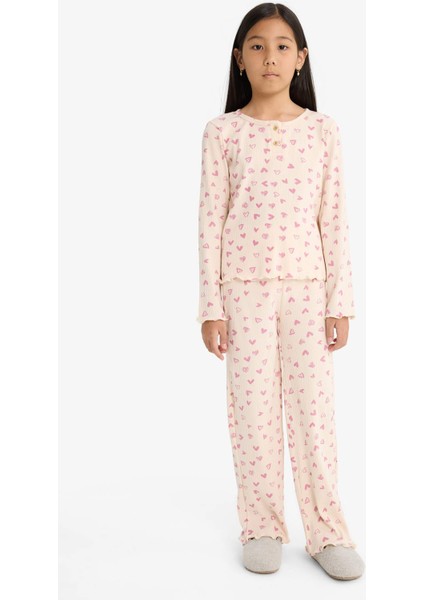 Kız Çocuk Pijama Takımı Fitilli Kaşkorse Kalp Desenli Uzun Kollu Üst Uzun Alt F7276A825AU