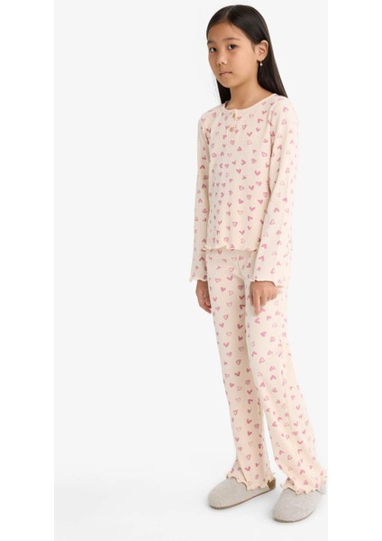 Kız Çocuk Pijama Takımı Fitilli Kaşkorse Kalp Desenli Uzun Kollu Üst Uzun Alt F7276A825AU fiyatları