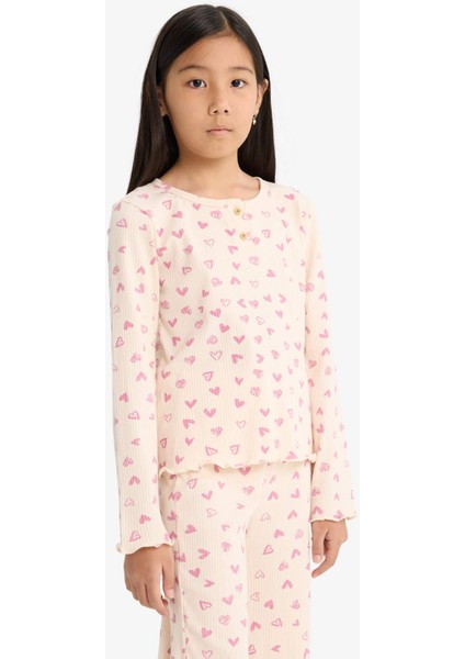 Kız Çocuk Pijama Takımı Fitilli Kaşkorse Kalp Desenli Uzun Kollu Üst Uzun Alt F7276A825AU modelleri