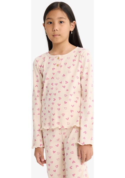 Kız Çocuk Pijama Takımı Fitilli Kaşkorse Kalp Desenli Uzun Kollu Üst Uzun Alt F7276A825AU fırsatları