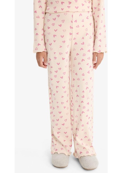 Kız Çocuk Pijama Takımı Fitilli Kaşkorse Kalp Desenli Uzun Kollu Üst Uzun Alt F7276A825AU