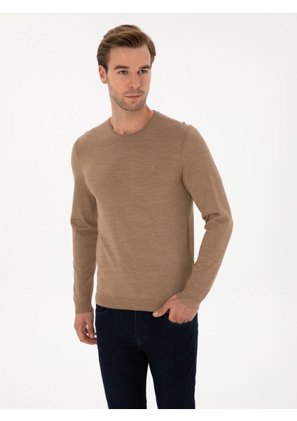 Erkek Camel Slim Fit Yün Karışımlı Bisiklet Yaka Basic Triko Kazak 50315266-VR015