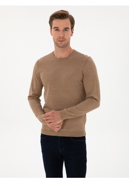 Erkek Camel Slim Fit Yün Karışımlı Bisiklet Yaka Basic Triko Kazak 50315266-VR015 modelleri