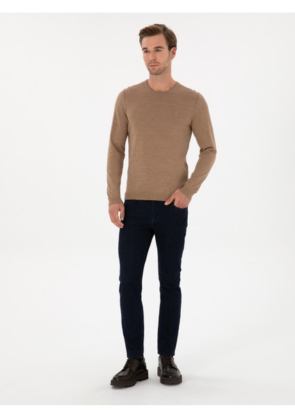 Erkek Camel Slim Fit Yün Karışımlı Bisiklet Yaka Basic Triko Kazak 50315266-VR015 fırsatları