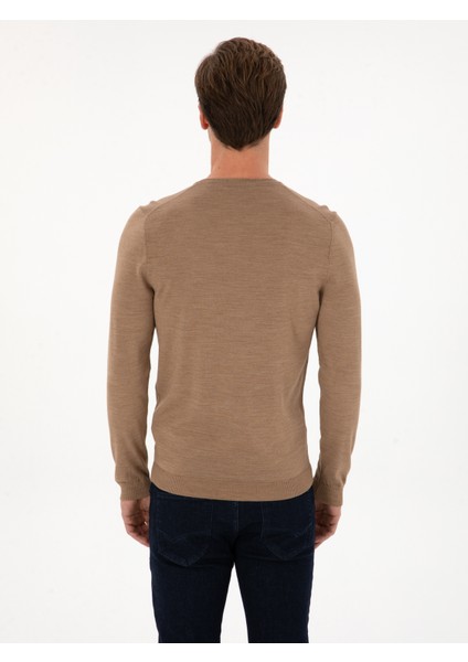 Erkek Camel Slim Fit Yün Karışımlı Bisiklet Yaka Basic Triko Kazak 50315266-VR015 indirimleri