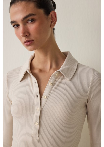 Bej Polo Yaka Düğmeli Uzun Kollu Slim Fit Üst modelleri