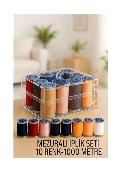 Dikiş Ipliği Seti - 10 Renk 1000 mt Kutulu Mezuralı Dikiş Seti
