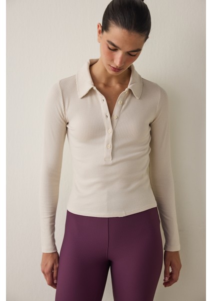 Bej Polo Yaka Düğmeli Uzun Kollu Slim Fit Üst