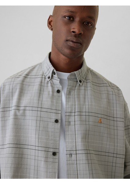 Erkek Gri Brannan Bear İşlemeli Oxford Gömlek