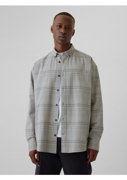 Erkek Gri Brannan Bear İşlemeli Oxford Gömlek