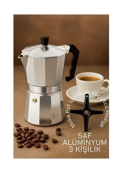 Klasik Italyan Moka Pot - 6061 Saf Alüminyum Profesyonel Moka Pot - 3 Kişilik