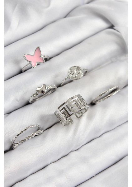 Pirinç Kelebek ve Kalp Model Gümüş Renk Kadın Yüzük Kombin Set