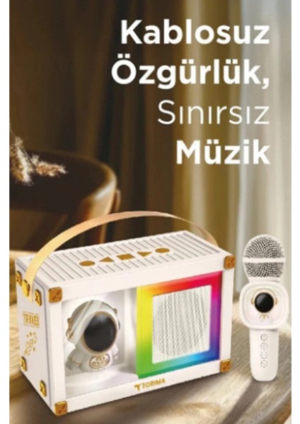 Taşınabilir Rgb Işılı Sevimli Figürlü Mikrofonlu Karaoke Bluetooth Hoparlör Krem fiyatları