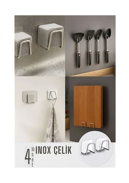 Inox Çelik Çok Amaçlı Askı - Banyo Askısı - Mutfak Askısı Profesyonel 4 Lü Set