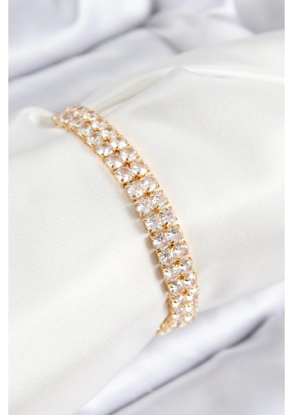 Pirinç Zirkon Taşlı Çift Sıra Kare Model Gold Renk Asansörlü Kadın Bileklik