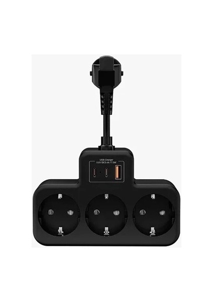 Çoklu Kablolu Priz Yüksek Gerilim Korumalı 3’lü Priz 1x USB 2x Type-C Çıkışlı Grup Priz Çoğaltıcı Siyah