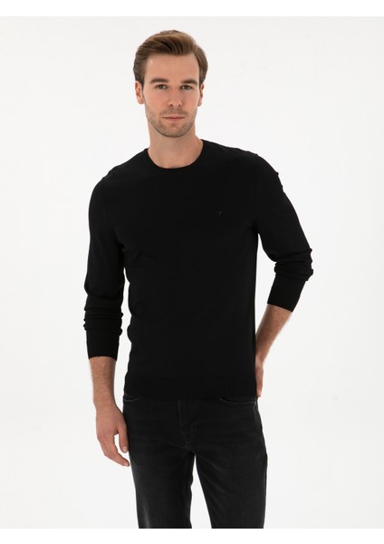 Erkek Siyah Slim Fit Bisiklet Yaka Triko Kazak 50316331-VR046