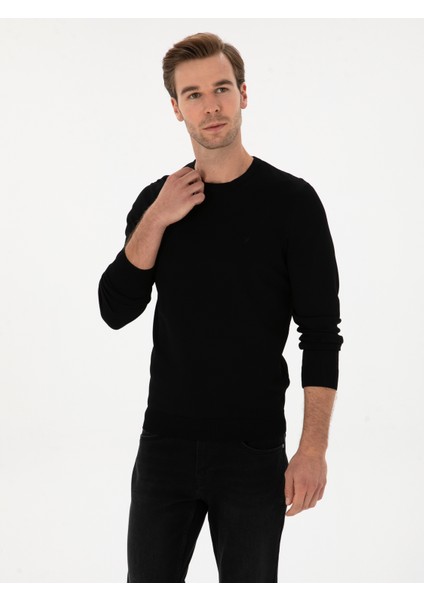 Erkek Siyah Slim Fit Bisiklet Yaka Triko Kazak 50316331-VR046 modelleri