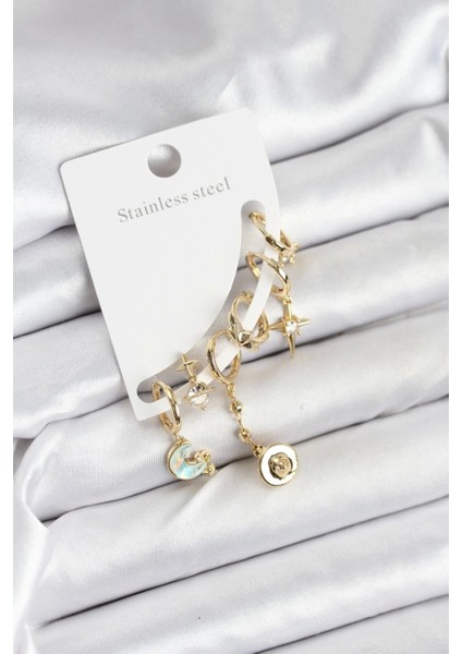 Pirinç Gold Renk Ay Model Kadın Set Küpe