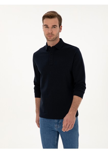 Erkek Lacivert Regular Fit %100 Pamuk 3 İplik Polo Yaka Sweatshirt 50318960-VR033