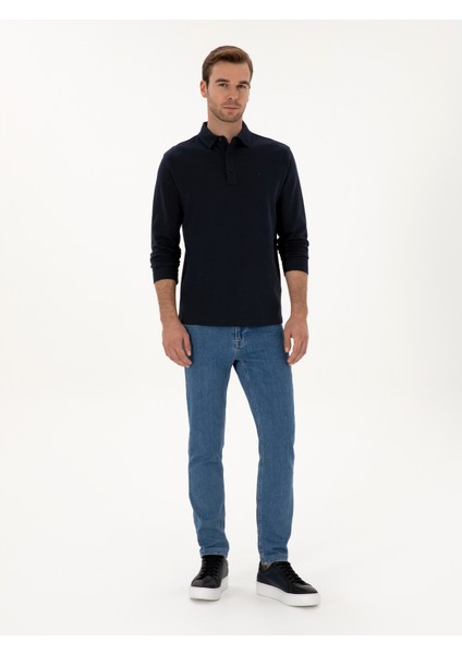 Erkek Lacivert Regular Fit %100 Pamuk 3 İplik Polo Yaka Sweatshirt 50318960-VR033 fırsatları