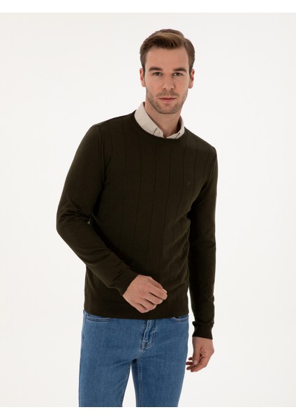 Erkek Haki Slim Fit Pamuk Karışımlı Bisiklet Yaka Triko Kazak 50318868-VR027