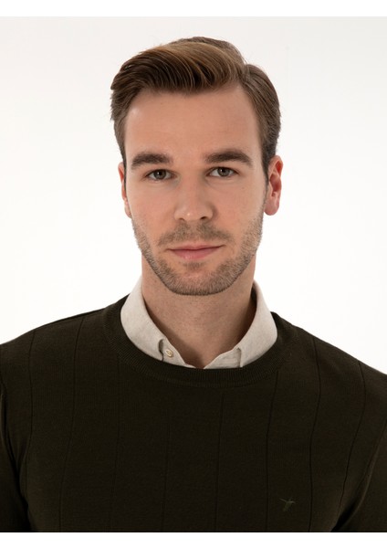 Erkek Haki Slim Fit Pamuk Karışımlı Bisiklet Yaka Triko Kazak 50318868-VR027 fiyatları