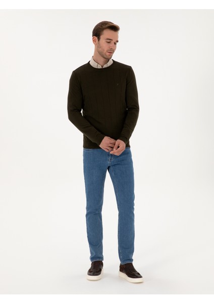 Erkek Haki Slim Fit Pamuk Karışımlı Bisiklet Yaka Triko Kazak 50318868-VR027 fırsatları