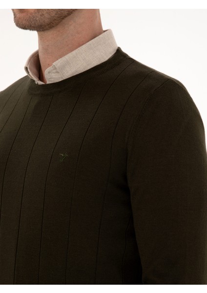 Erkek Haki Slim Fit Pamuk Karışımlı Bisiklet Yaka Triko Kazak 50318868-VR027