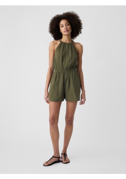 Kadın Haki Halter Yaka Gauze Tulum
