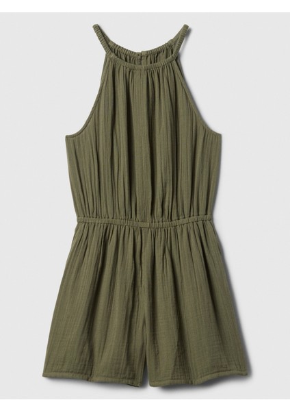 Kadın Haki Halter Yaka Gauze Tulum