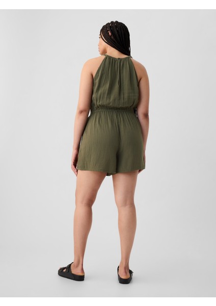 Kadın Haki Halter Yaka Gauze Tulum