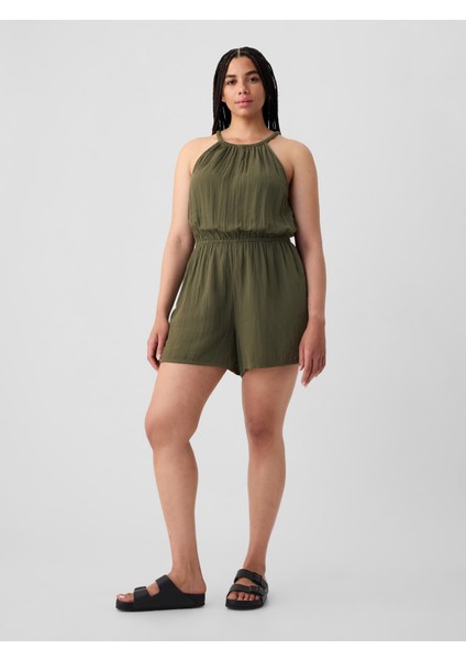 Kadın Haki Halter Yaka Gauze Tulum