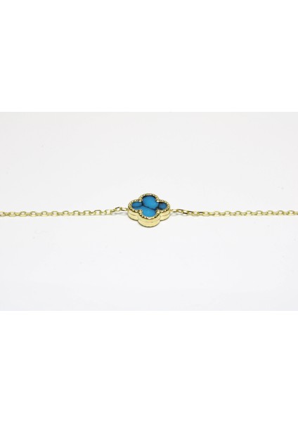 14 Ayar Altın 3 Yoncalı Mavi Bileklik