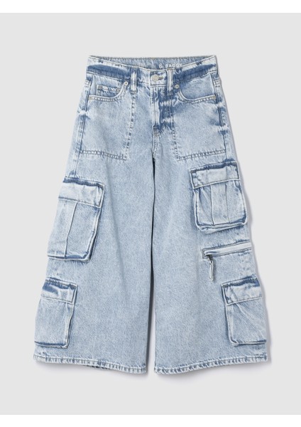 Kız Çocuk Açık Mavi Mid Rise Double Kargo Baggy Jean Pantolon