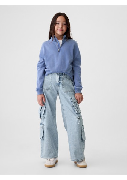 Kız Çocuk Açık Mavi Mid Rise Double Kargo Baggy Jean Pantolon