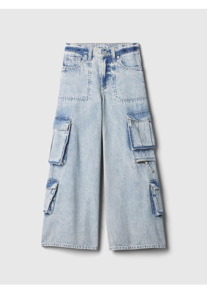 Kız Çocuk Açık Mavi Mid Rise Double Kargo Baggy Jean Pantolon