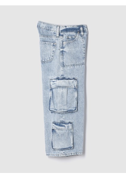 Kız Çocuk Açık Mavi Mid Rise Double Kargo Baggy Jean Pantolon