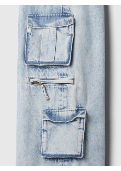 Kız Çocuk Açık Mavi Mid Rise Double Kargo Baggy Jean Pantolon