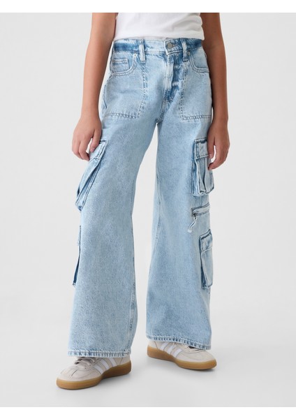Kız Çocuk Açık Mavi Mid Rise Double Kargo Baggy Jean Pantolon