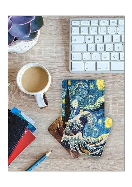 Van Gogh Temalı Ahşap Bardak Altlığı Ahşap Baskılı Altlık 6'lı Set (9 X9CM) KARBONNM14 fiyatları