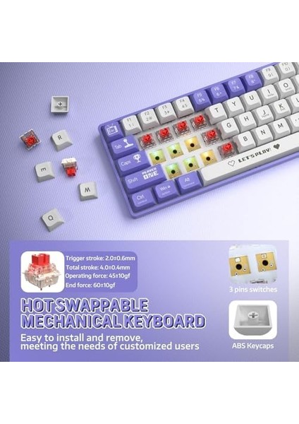 Ajazz AK680 65% Kablolu Hotswap Mekanik Oyun Klavyesi,68 Tuşlu Taşınabilir Anti-Ghosting Klavye,gökkuşağı Arkadan Aydınlatmalı Programlanabilir,eva Sandviç,ergonomik Mor Beyaz/red Switch fiyatları