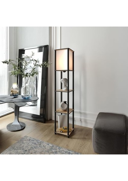 Raflı Lambader Meşe Renkli | Modern 3 Katlı Raflı Ayaklı Aydınlatma Ünitesi | Dekoratif Salon, Yatak Odası, Ofis Lambaderi | E27 Duy Uyumlu Şık Tasarım | Kitaplık ve Işık Bir Arada modelleri