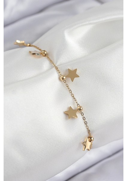 316L Çelik Sıralı Yıldız Model Gold Renk Kadın Bileklik