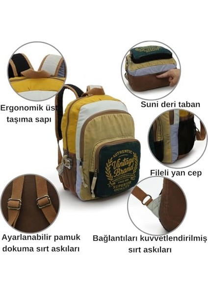 Vintage 4034 Patara Yeşil Krem Sırt Okul Seyahat 15.6 Inç Laptop Günlük Notebook Yumuşak Pamuk Kumaş Çanta modelleri